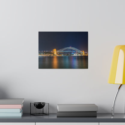 The dazzling Sydney Harbour Bridge at night printed on a stretched matte canvas