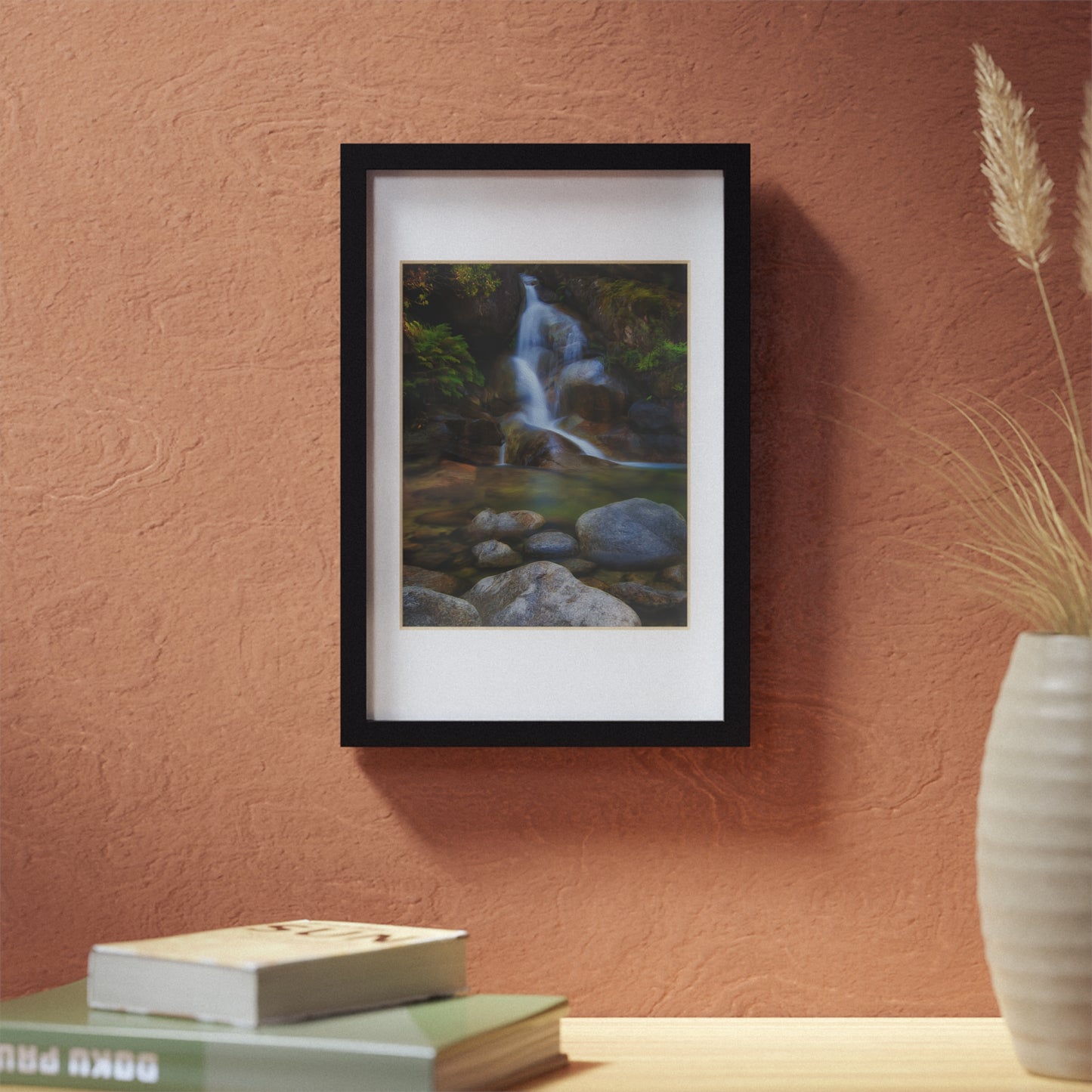 Watercolor styled print of the Ladies Bath falls on a black framed poster