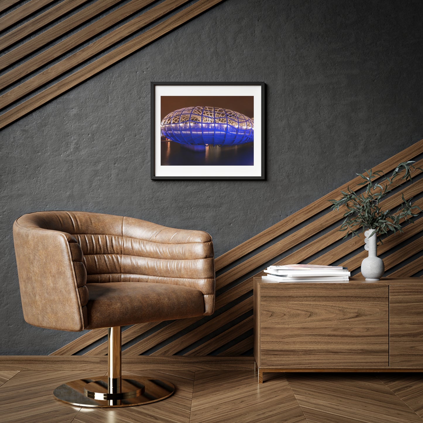 The beautiful Webb Bridge illuminated at night printed on a framed matte poster