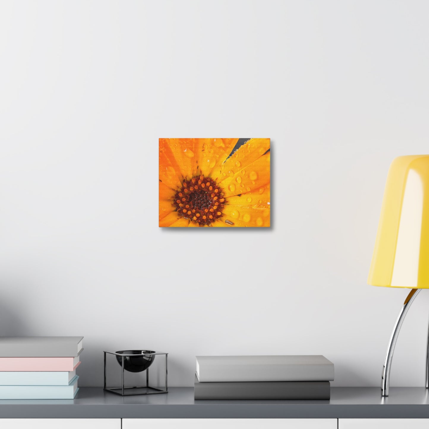 Drenched yellow flower printed on a stretched satin canvas