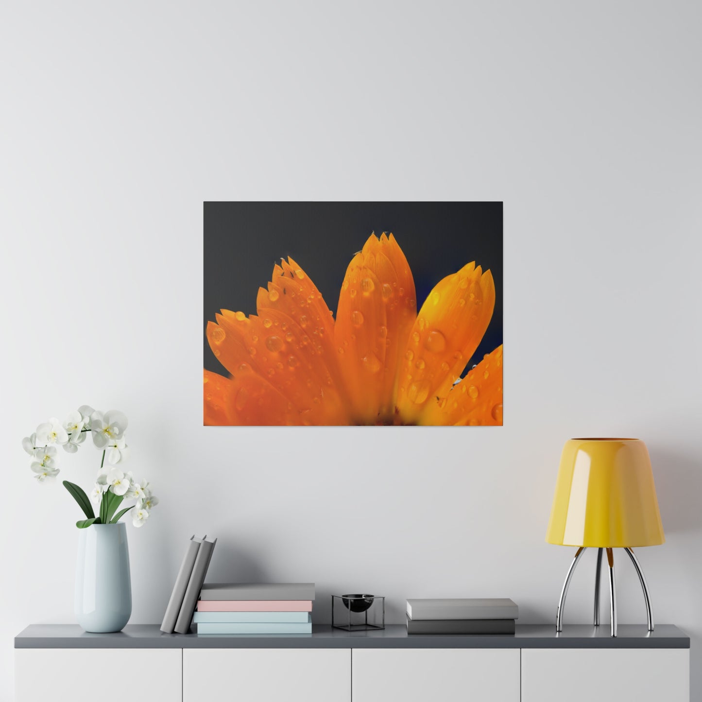 Orange flower petals drenched in dew printed on a stretched matte canvas