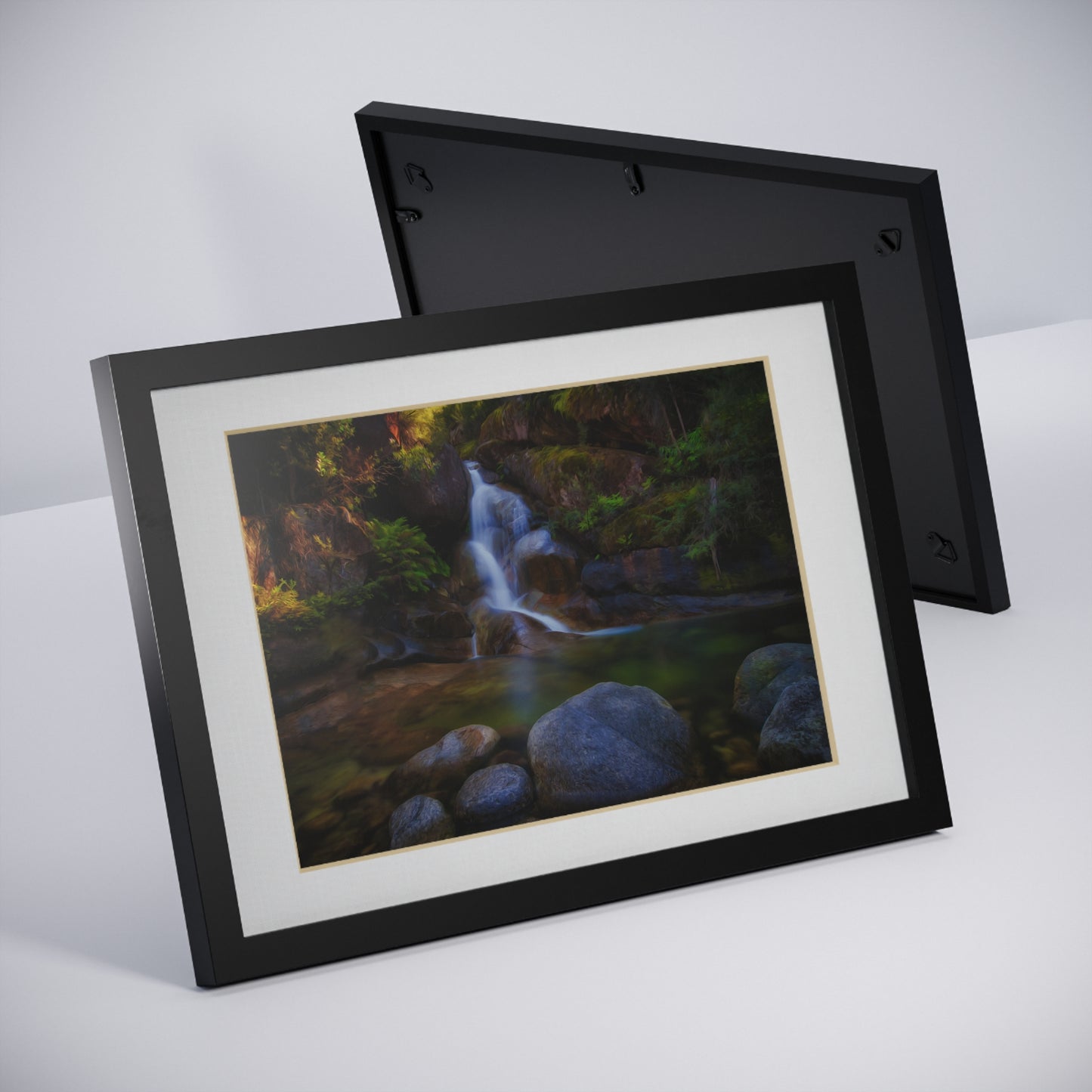 Watercolor styled print of the Ladies Bath falls on a black framed poster