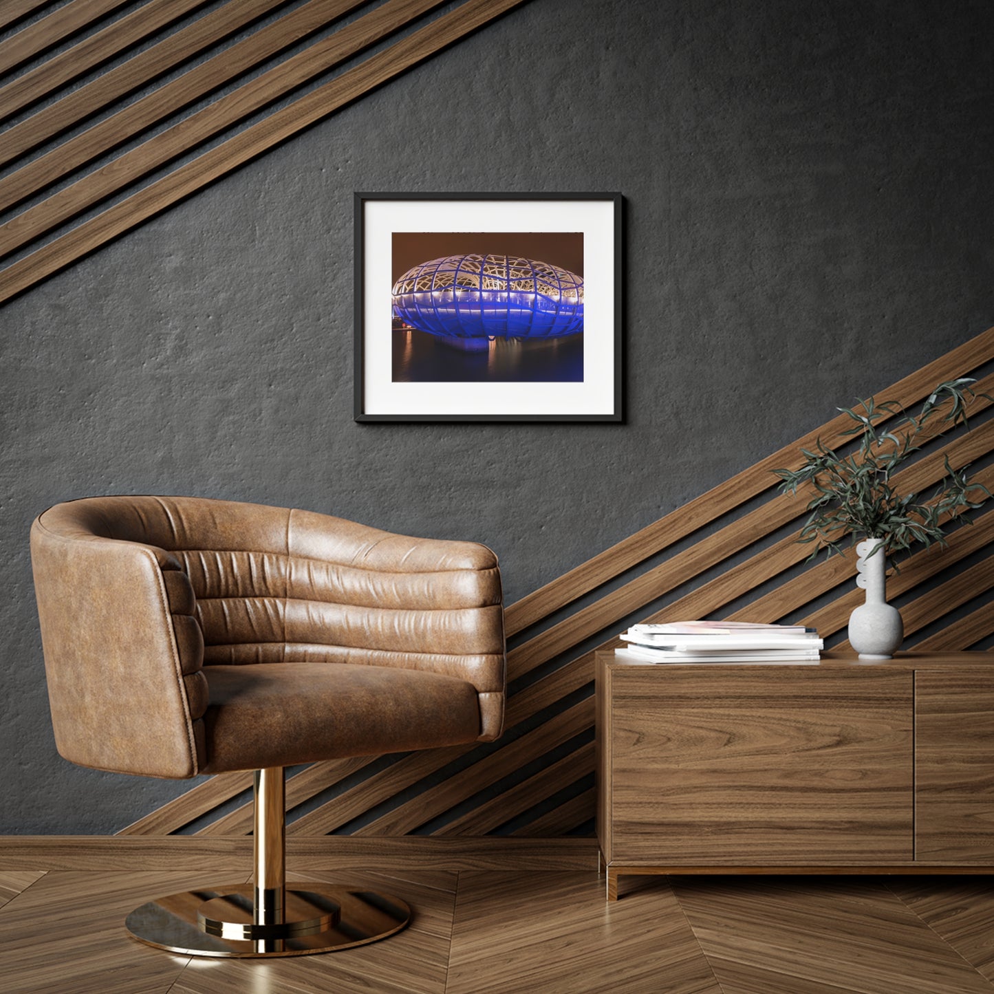 The beautiful Webb Bridge illuminated at night printed on a framed matte poster