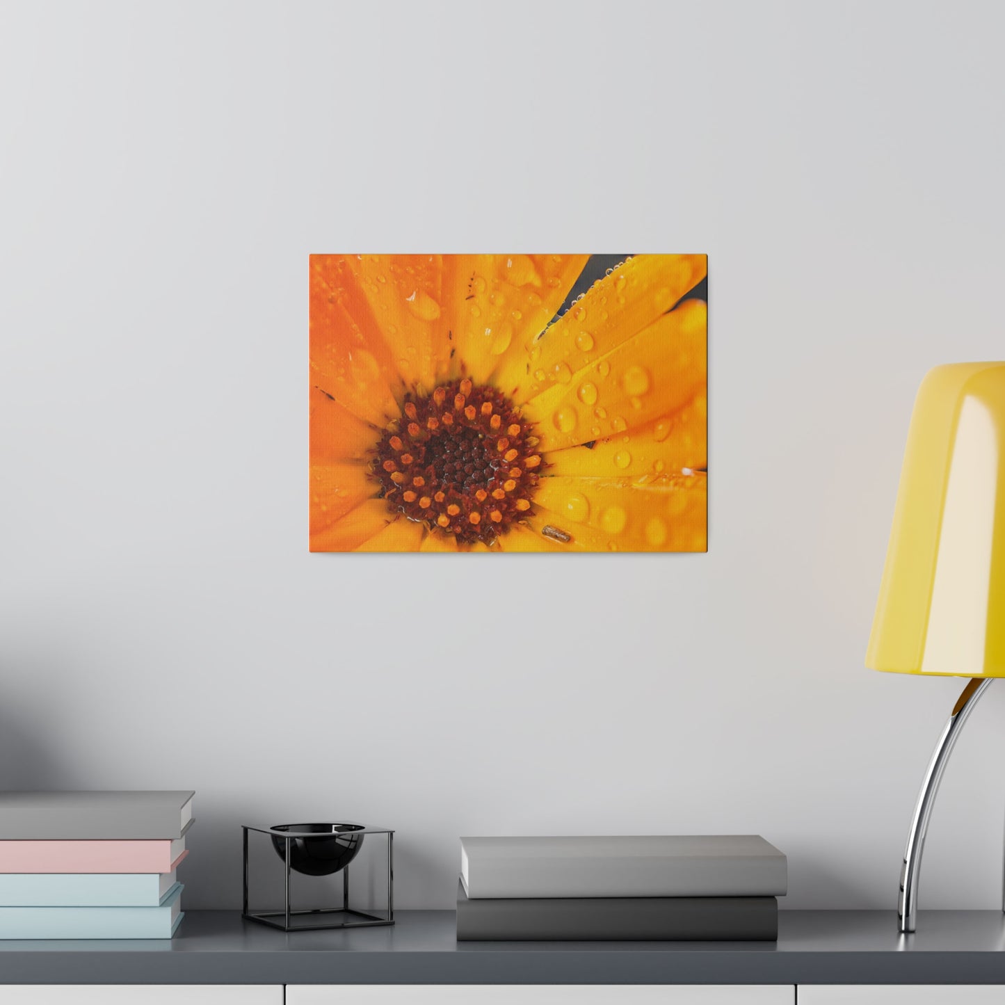 Orange flower petals drenched in dew printed on a stretched matte canvas