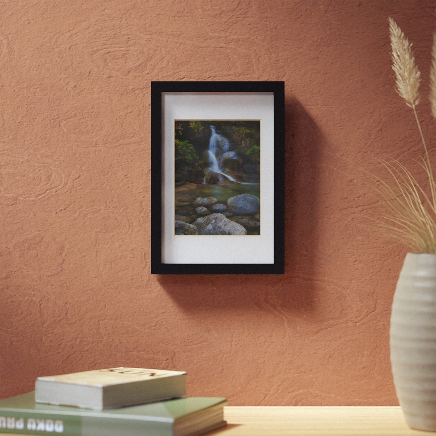 Watercolor styled print of the Ladies Bath falls on a black framed poster