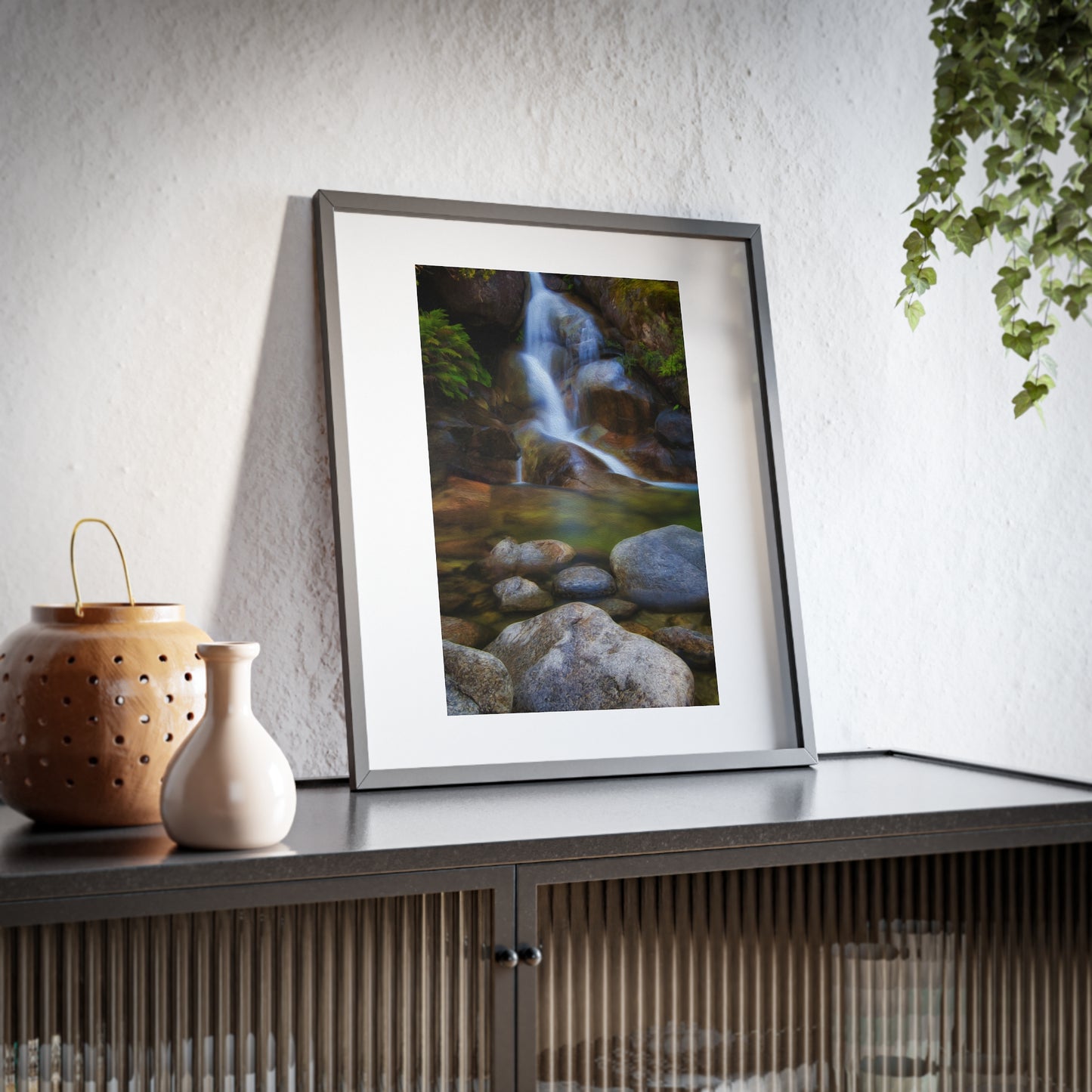 Watercolor styled print of the Ladies Bath falls on a framed matte poster