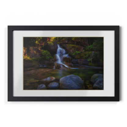 Watercolor styled print of the Ladies Bath falls on a black framed poster