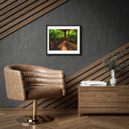 Wooden bridge winding through a lush forest of tall ferns printed on a framed matte poster
