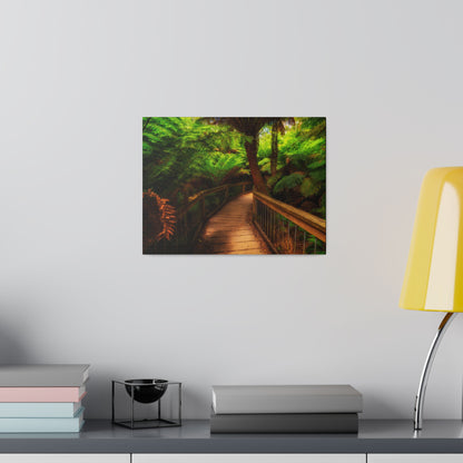 Wooden bridge winding through a lush forest of tall ferns printed on a stretched matte canvas