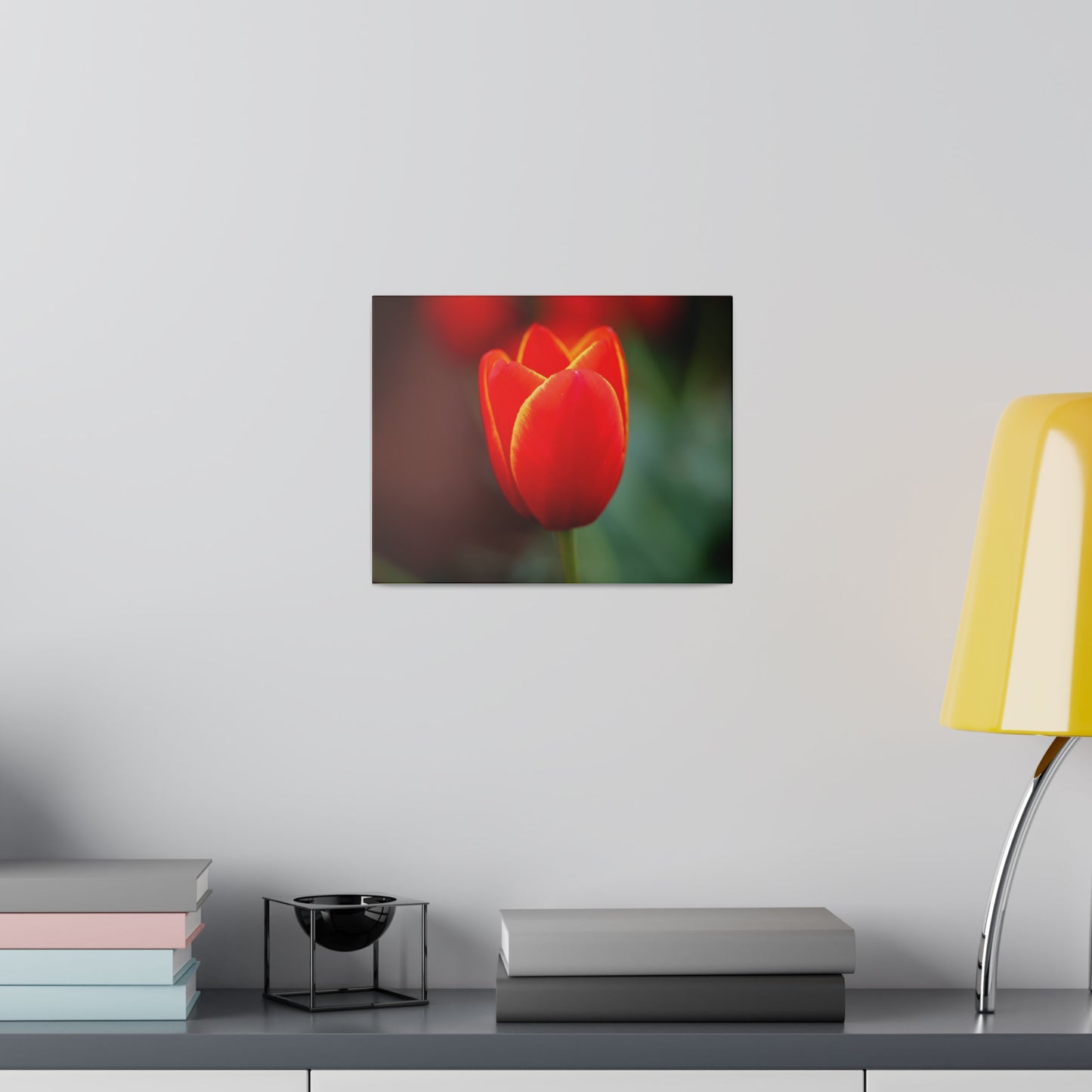 Fiery red and yellow tulip printed on a stretched matte canvas