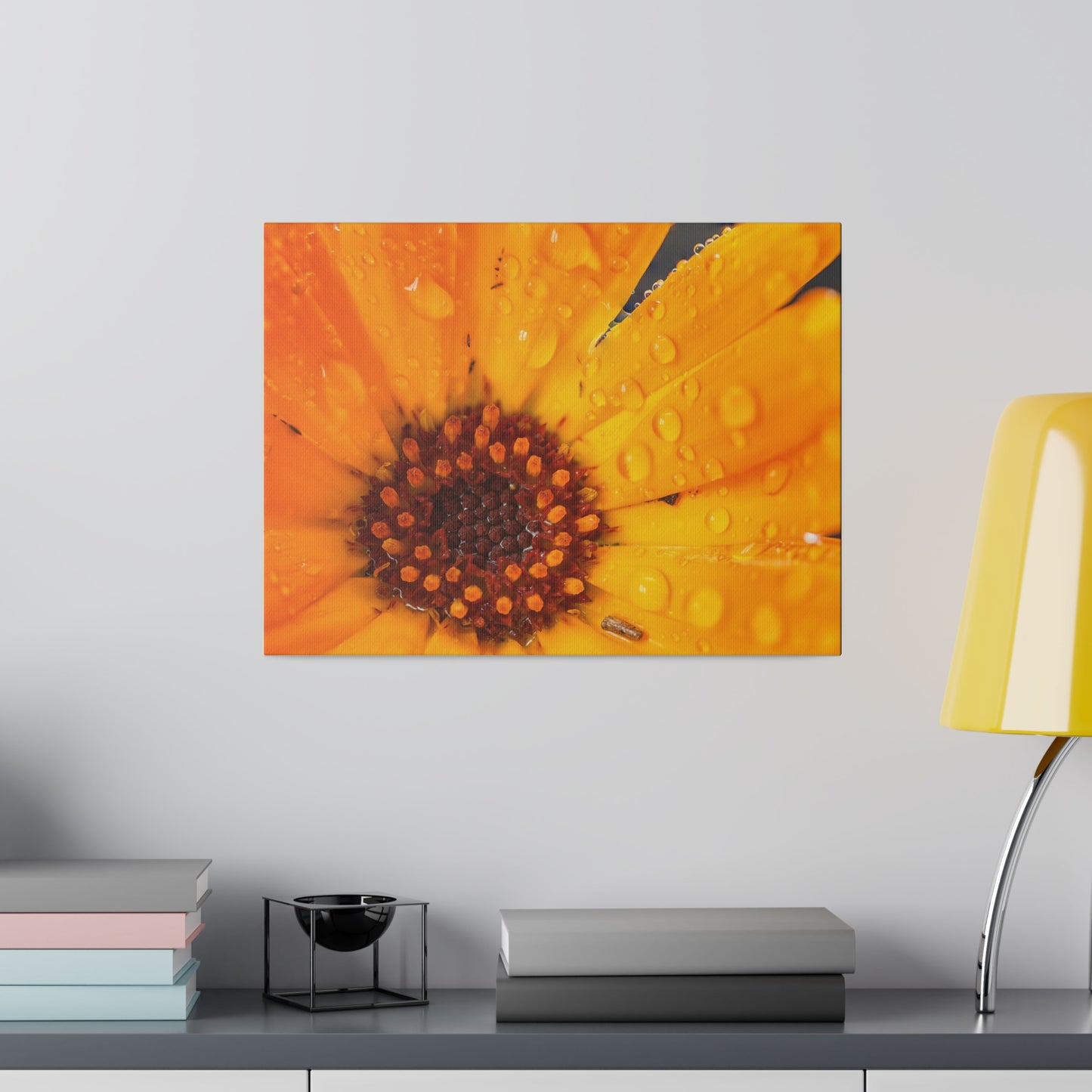 Orange flower petals drenched in dew printed on a stretched matte canvas