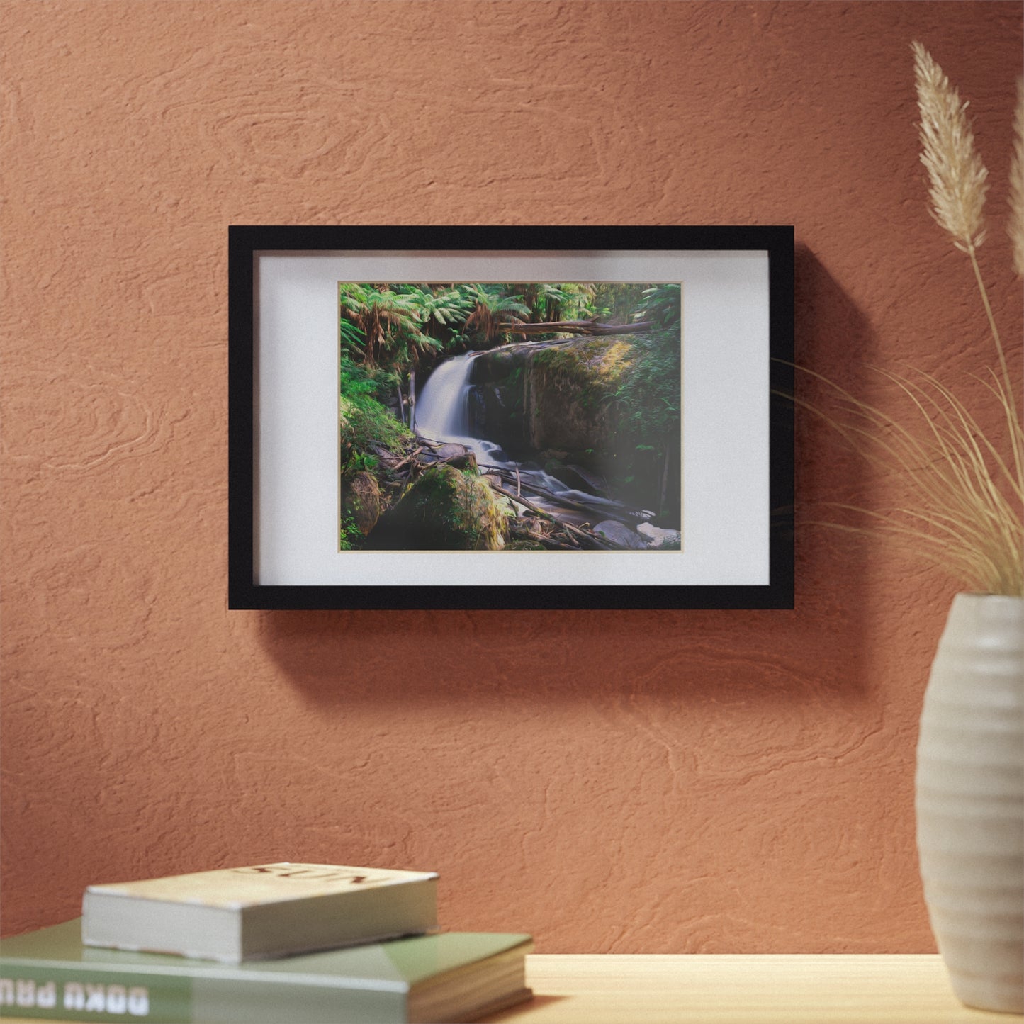 Watercolor styled print of the Amphitheatre Falls on on black framed poster