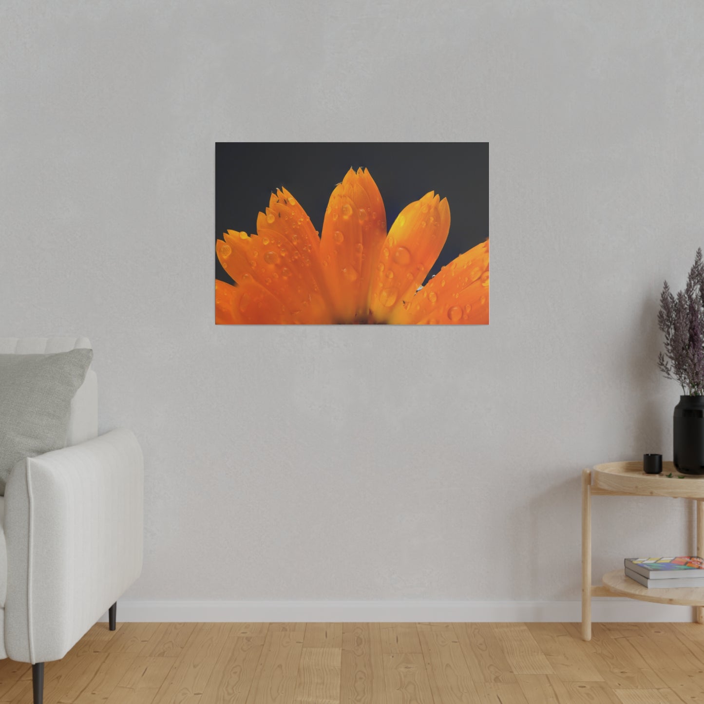 Orange flower petals drenched in dew printed on a stretched matte canvas