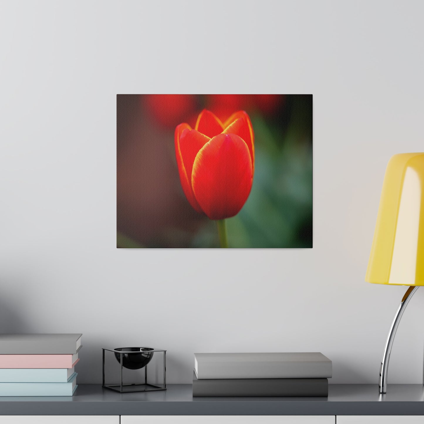 Fiery red and yellow tulip printed on a stretched matte canvas