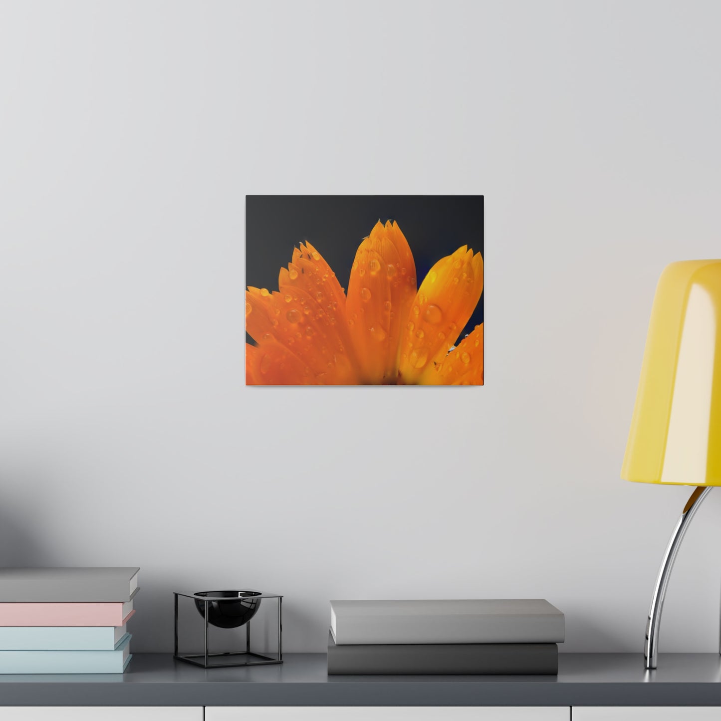 Orange flower petals drenched in dew printed on a stretched matte canvas