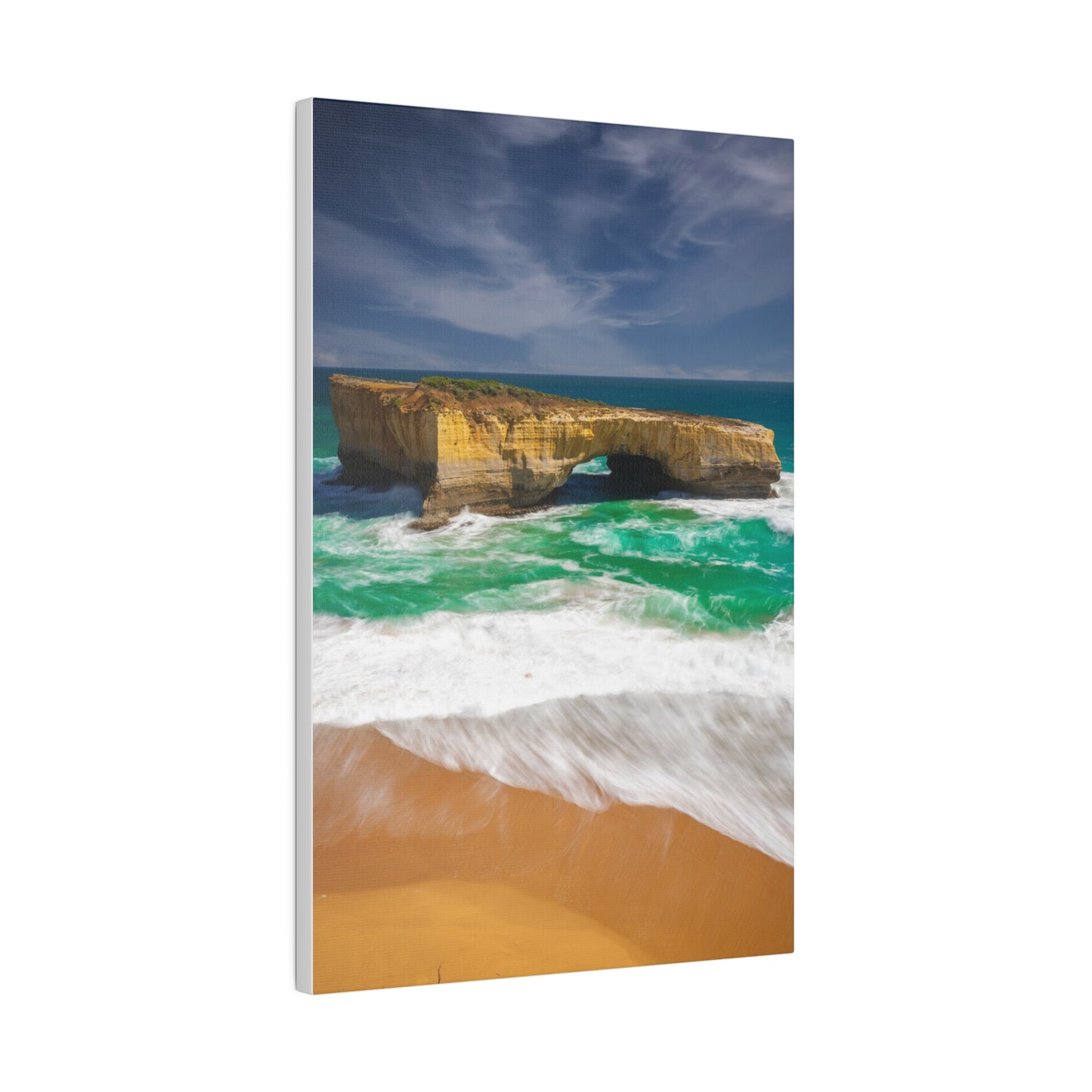 The London Bridge arch with crashing waves printed on a stretched matte canvas