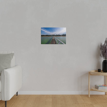 A beautiful jetty leading towards the shore over turquoise waters printed on a stretched matte canvas