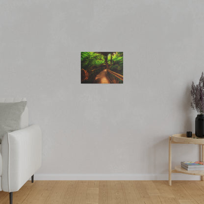 Wooden bridge winding through a lush forest of tall ferns printed on a stretched matte canvas