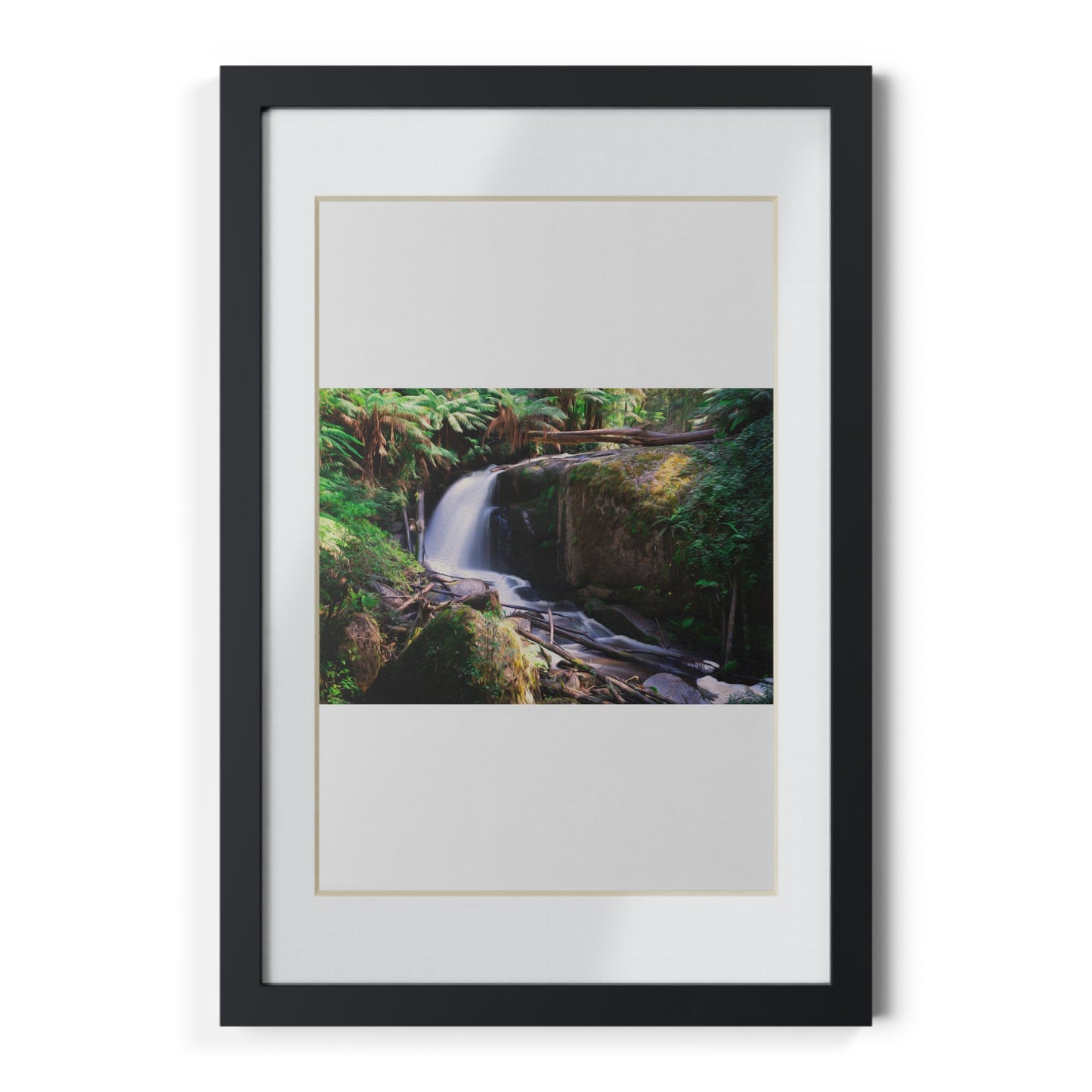 Watercolor styled print of the Amphitheatre Falls on on black framed poster