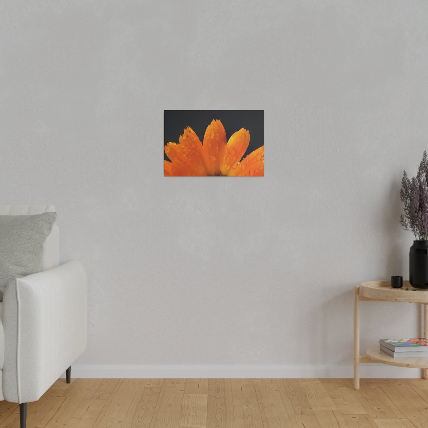 Orange flower petals drenched in dew printed on a stretched matte canvas