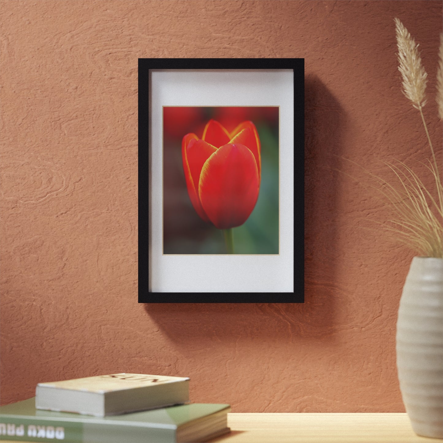 Fiery red and yellow tulip in a black framed poster