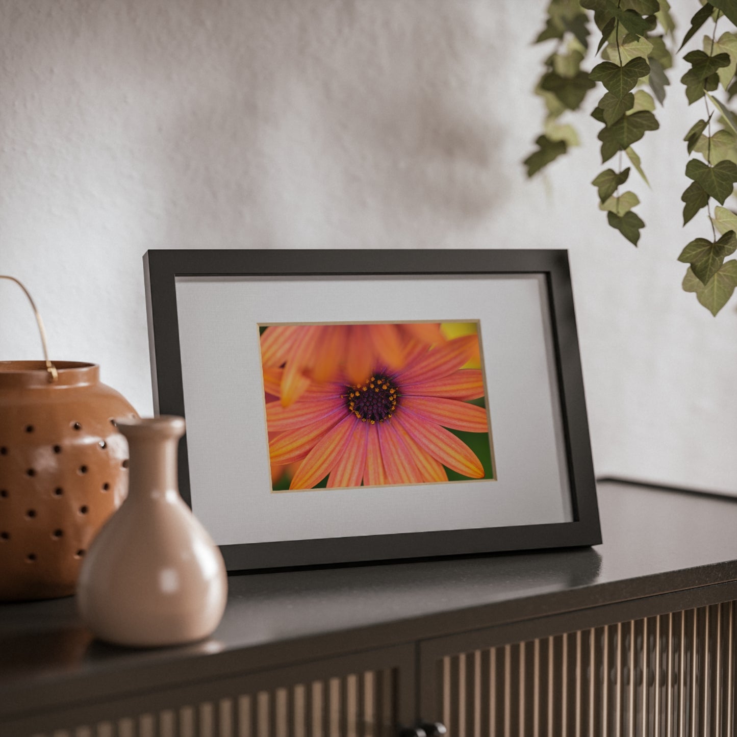 Colorful daisy printed on a black framed posters