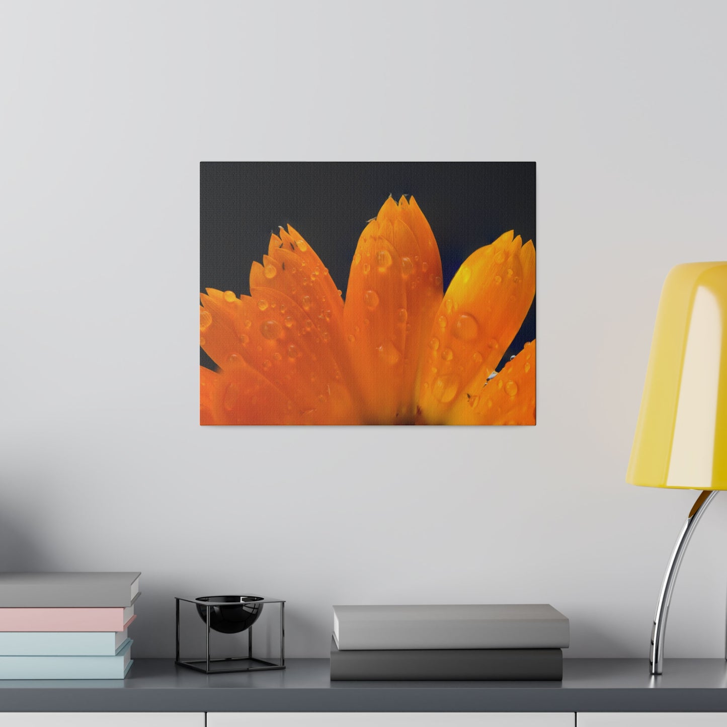 Orange flower petals drenched in dew printed on a stretched matte canvas