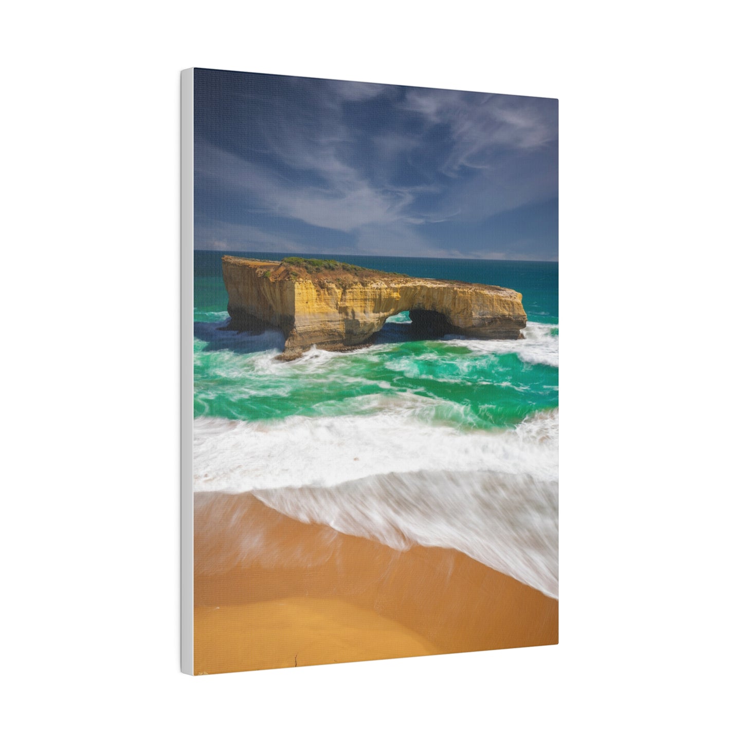 The London Bridge arch with crashing waves printed on a stretched matte canvas