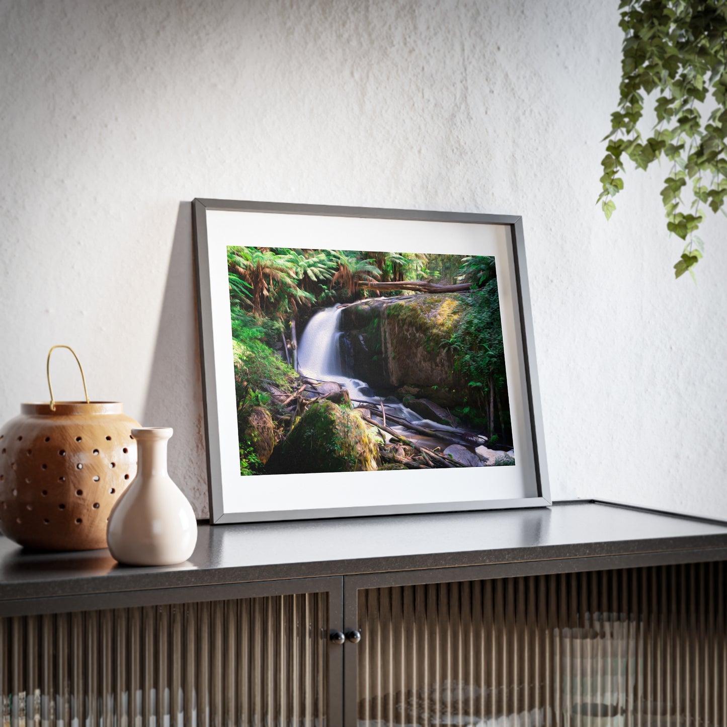 Watercolor styled print of the Amphitheatre Falls on a matte framed poster