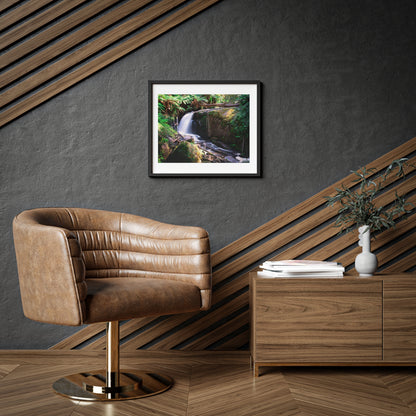 Watercolor styled print of the Amphitheatre Falls on a matte framed poster