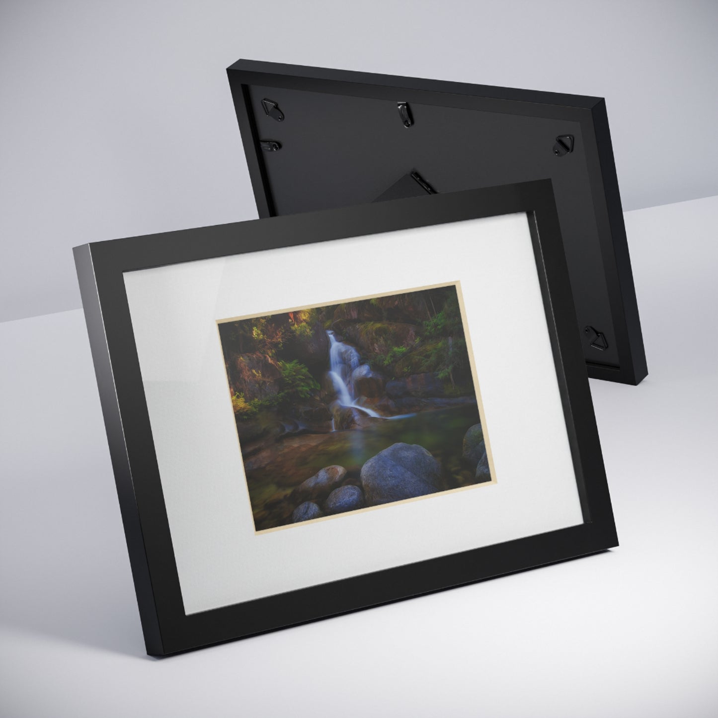 Watercolor styled print of the Ladies Bath falls on a black framed poster