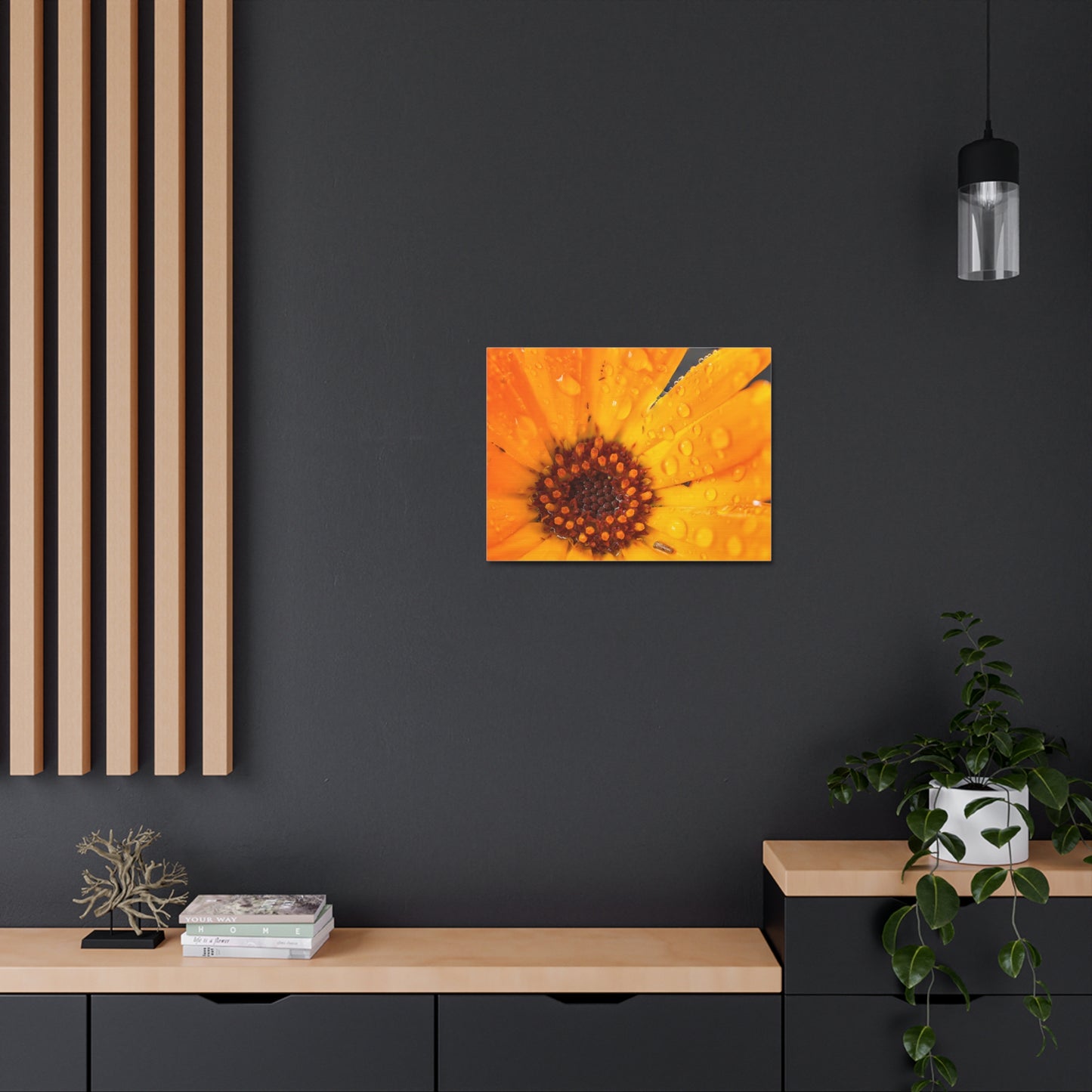 Drenched yellow flower printed on a stretched satin canvas