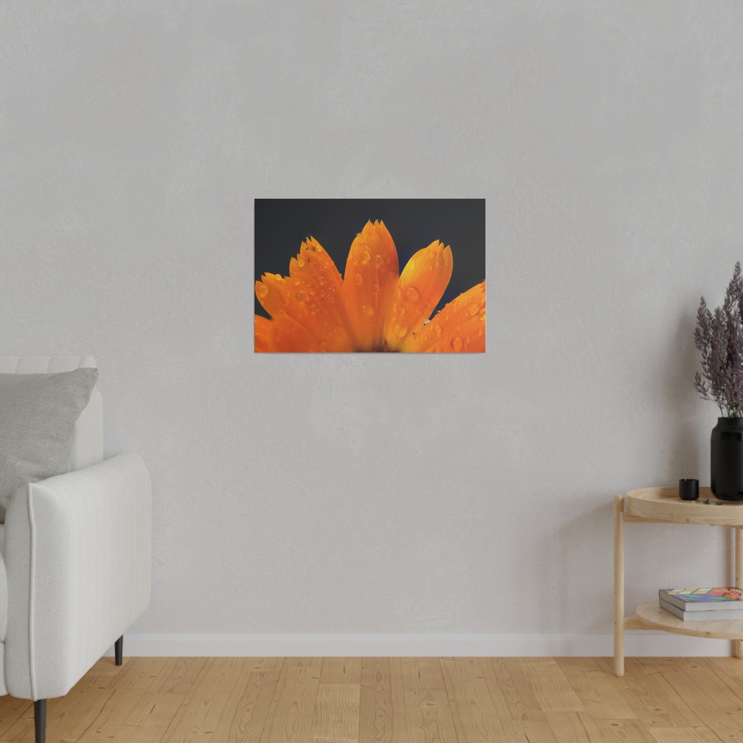 Orange flower petals drenched in dew printed on a stretched matte canvas