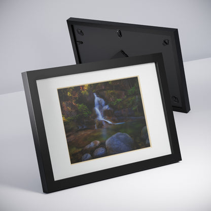 Watercolor styled print of the Ladies Bath falls on a black framed poster