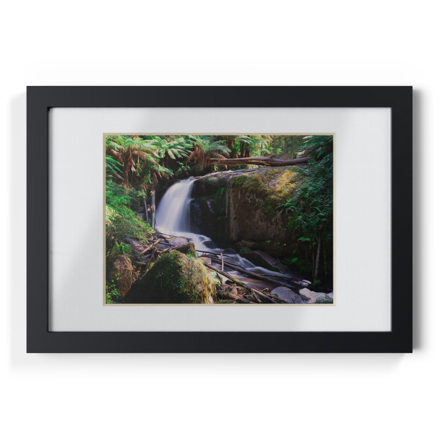 Watercolor styled print of the Amphitheatre Falls on on black framed poster