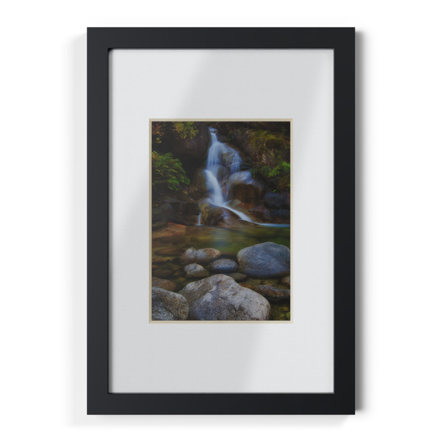 Watercolor styled print of the Ladies Bath falls on a black framed poster