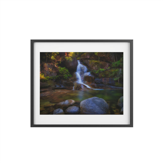 Watercolor styled print of the Ladies Bath falls on a framed matte poster