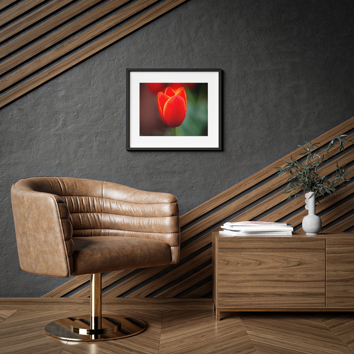 Fiery red and yellow tulip on a framed matte  poster