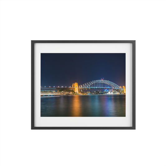 The dazzling Sydney Harbour Bridge at night printed on a framed matte posters