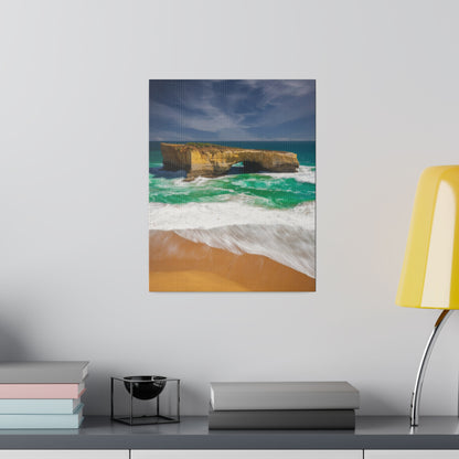 The London Bridge arch with crashing waves printed on a stretched matte canvas