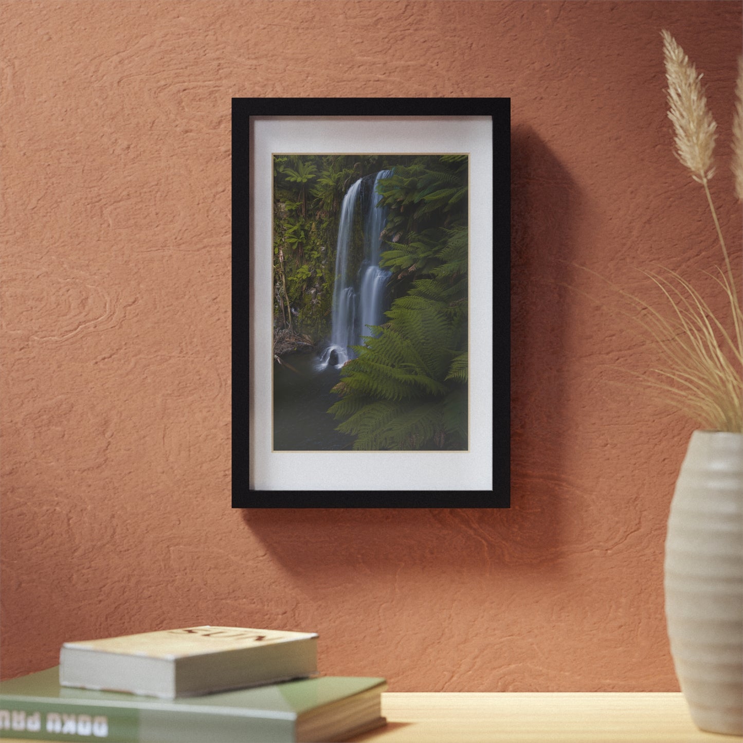The beautiful Beauchamp Falls printed on a black framed poster