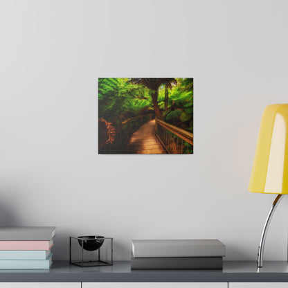 Wooden bridge winding through a lush forest of tall ferns printed on a stretched matte canvas