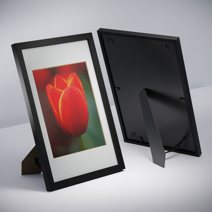 Fiery red and yellow tulip in a black framed poster