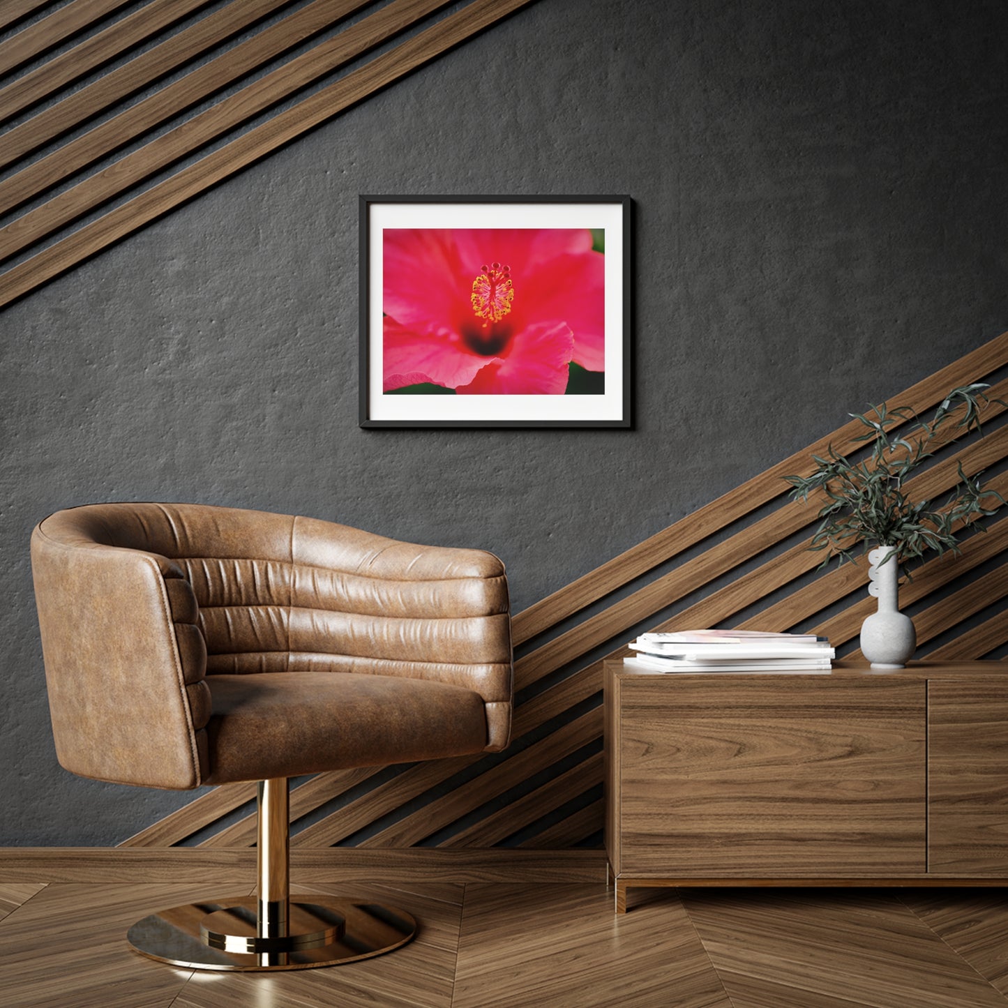 A beautiful hibiscus flower printed on a framed matte poster