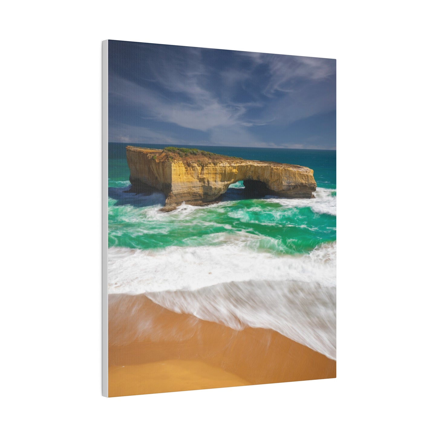 The London Bridge arch with crashing waves printed on a stretched matte canvas