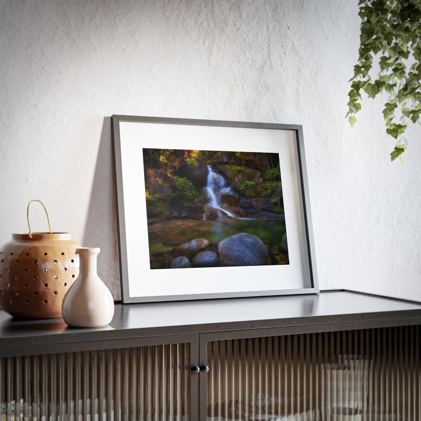 Watercolor styled print of the Ladies Bath falls on a framed matte poster