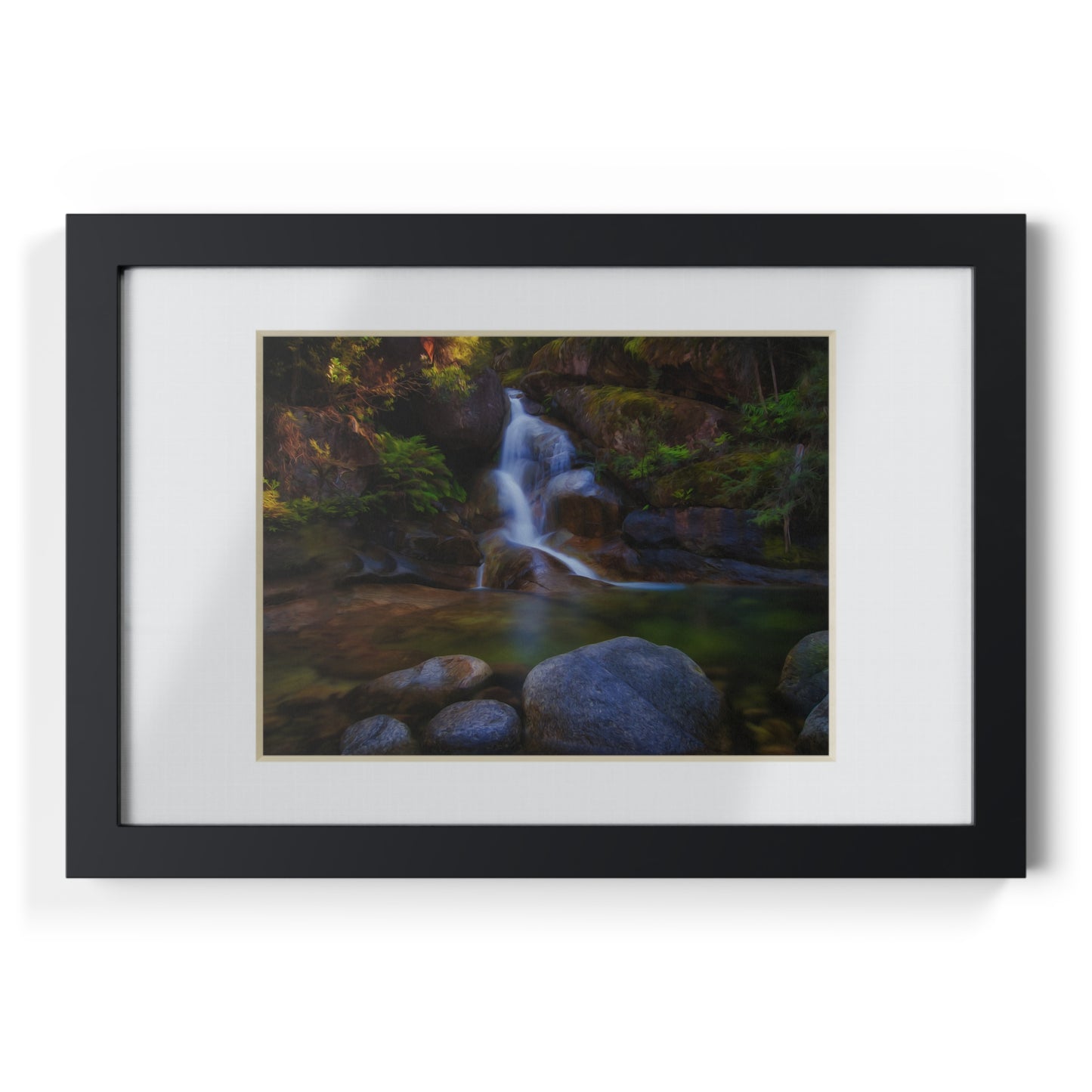 Watercolor styled print of the Ladies Bath falls on a black framed poster