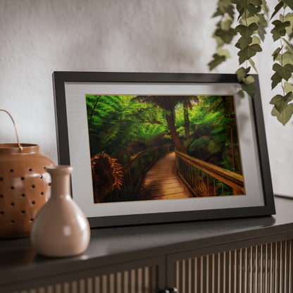 Wooden bridge winding through a lush forest of tall ferns printed black framed poster