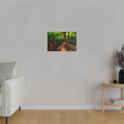 Wooden bridge winding through a lush forest of tall ferns printed on a stretched matte canvas