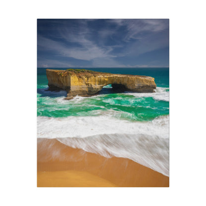 The London Bridge arch with crashing waves printed on a stretched matte canvas